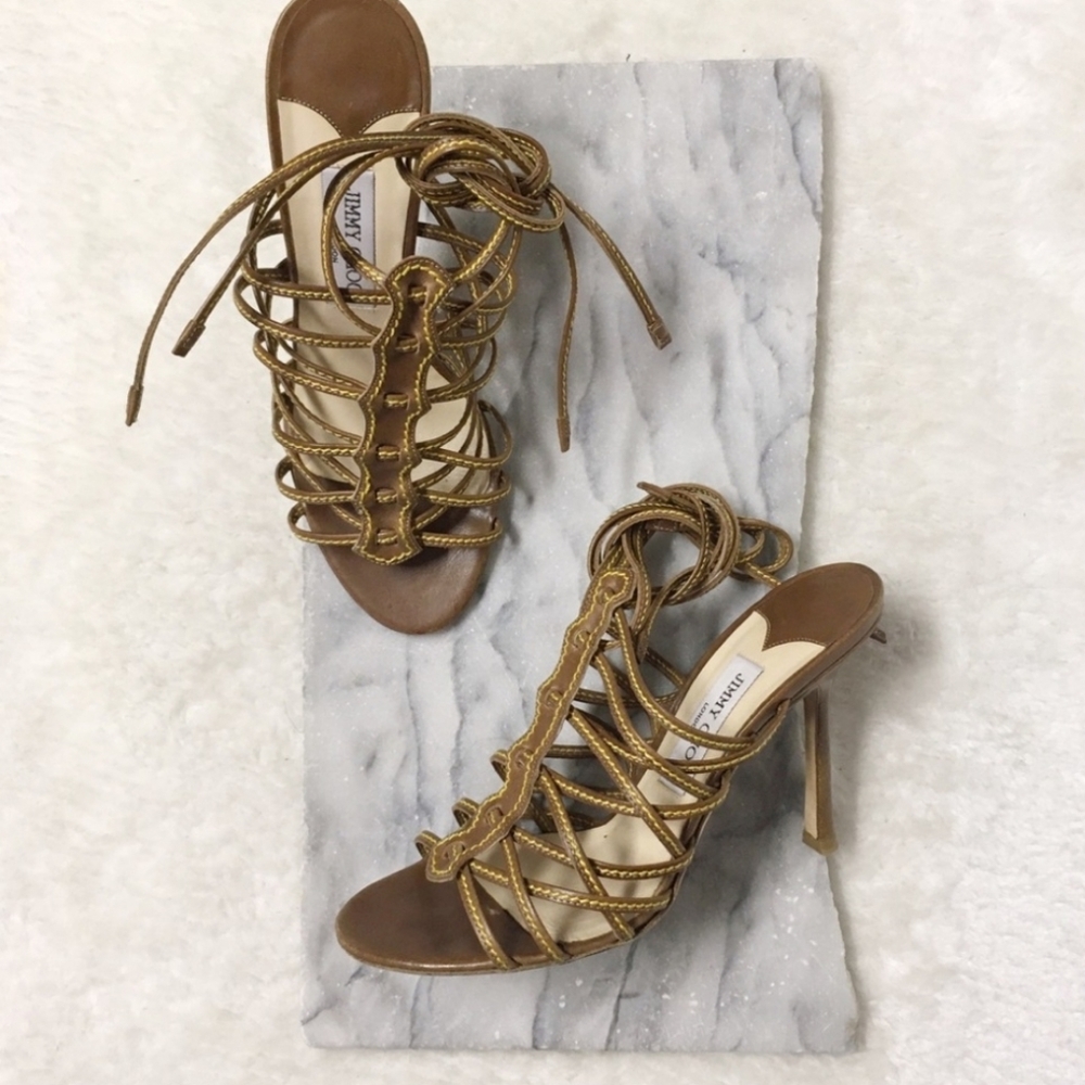 Jimmy Choo Leather Ankle Wrap Heels Sandals 8.5